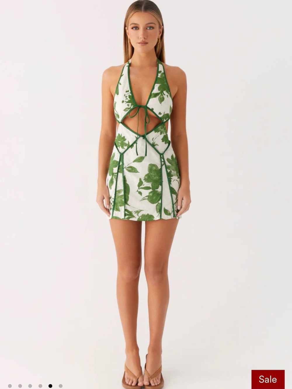 Peppermayo Green & White Floral Cutout Halter Mini Dress
